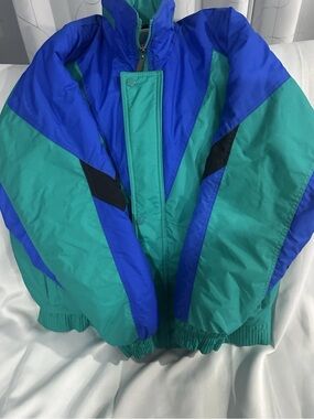 VTG 80s 90s Steep Slopes Adult Medium Blue Green Ski Winter Jacket Zip Snap